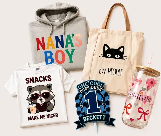 Personalized handmade gifts including hoodie, tote bag, shirt, and tumbler by Crafty Cati